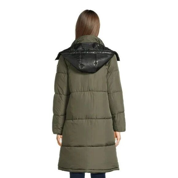 Womens Big Chill Long Puffer Coat W/Removable Hood Faux Fur Trim Medium Green - Picture 2 of 13